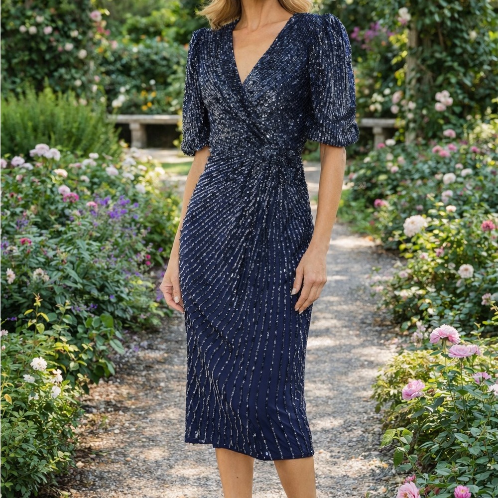 Navy Blue Sequin Midi Dress